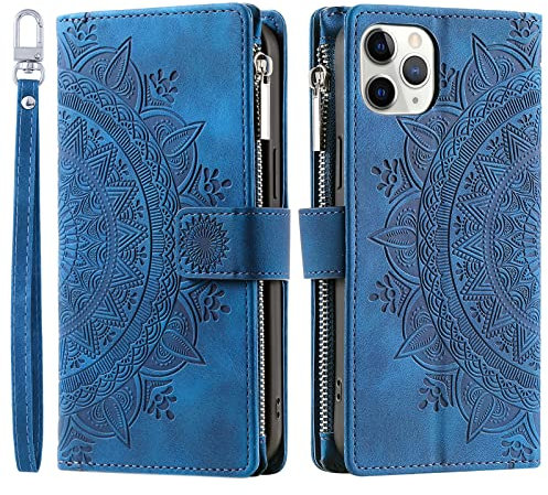 VEEMOS Wallet Case for iPhone 11 Pro Flower Flip Case Protective Leather Folio Book Phone Cover with Card Slots Kickstand Zipper Pocket - Blue