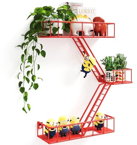 MVPSONAG Metal Fire Escape Ladder Shelf Wall Storage, 3-Tier Red Shelves With Baskets, New York Action Figurine Display, Rustic Floating Decorative Storage for Any Room