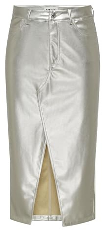 ONLY Damen ONLLOLA-ELYNA HW Metal Long Skirt PNT Rock, Silver, M