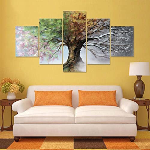Leinwandbilder Wohnkultur Wandkunst 5 Stück Baum Der Vier Jahreszeiten Gemälde Hd-Drucke Poster Für Wohnzimmer, Schlafzimmer, Esszimmer, Büro, Kinderzimmer, Wandbild Mit Rahmen 100 X 50 Cm