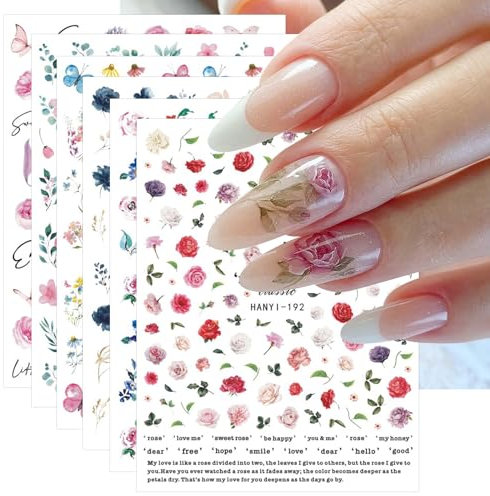 Spring Flower Nail Stickers, 18 Sheets Self-Adhesive Nail Decal Summer Floral Nail Art Decoration Design Supplies