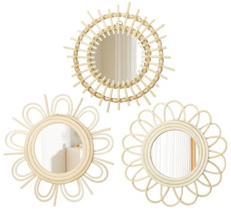 Oairse 3er-Set Wandspiegel Spiegel Soleil Moderner Boho Deko Spiegel mit Metallhaken Boho Deko Wanddeko Flurspiegel Wandbehang Dekorativer Spiegel für Badezimmer, Eingang, Wohnzimmer, Schlafzimmer