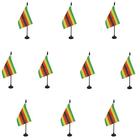 AZ FLAG - Lot de 10 Drapeau De Table Zimbabwe - 15x10 cm - 10 Mini Drapeaux Zimbabwéen De Bureau 100% Polyester Avec Hampe De 25cm Et Socle En Plastique Noir