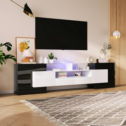 Ojiuboo Mobile TV elegante con superficie in vetro e illuminazione a LED, 200 cm, bianco e nero