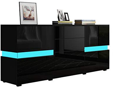 LED Sideboard Mit 4 Schubladen Und 2 Türen, Hochglanz Speicher Schrank für Wohnzimmer, Display Schrank, TV Einheit, Home Möbel Schwarz 177 * 35 * 72CM