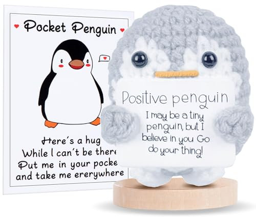Aruigu Pocket Hug Happy Penguin, Kreative Strickwolle-Pinguin-Puppe, Mutmachergeschenk, Gute-Besserung-Geschenk, Schulgeschenk,Positives Pinguin Geschenk