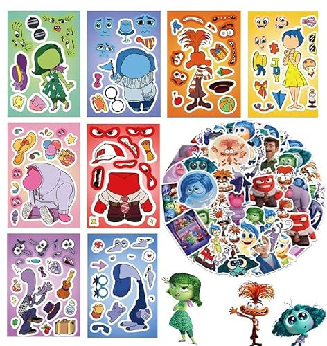 50 pcs Inside-Out Character Sticker Set + 8 Sheets Inside-Out Make A Face DIY face Stickers, Make a face Sticker Sheets, Cute Cartoon Stickers