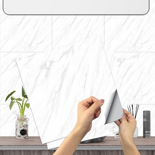 Melopr 24Pcs White Marble Effect Tile Stickers - 30x30cm Waterproof Oilproof Self Adhesive for Kitchen and Bathroom - Peel and Stick Wall Tiles
