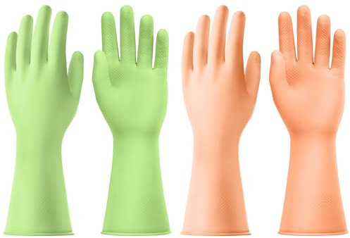 AUAUY 3Paar Wiederverwendbare Haushaltshandschuhe, Hautsympathische Handschuhe mit Rutschfestem Griff Wasserdicht Gummihandschuhe für Küchenarbeit Haushaltsreinigung Geschirrspülung Grün+Orange+Lila-M