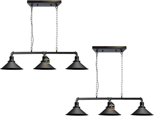 LEDSone Industrial 3 Way Pipe Pendant Lamp E27 Lamp Holder Metal Shade Ceiling Light Fixture with 95cm Adjustable Hanging Chandelier for Dining Room, Kitchen Island, Bar (Black - Cone Shade) 2Pcs