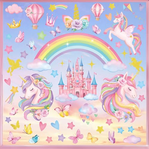 decalmile Fensteraufkleber Regenbogen Einhorn Fenster Abziehbilder Prinzessin Schloss Blumen Schmetterlinge Anti-Kollision Fenstersticker Mädchen Kinderzimmer Glas Fensterdeko Aufkleber