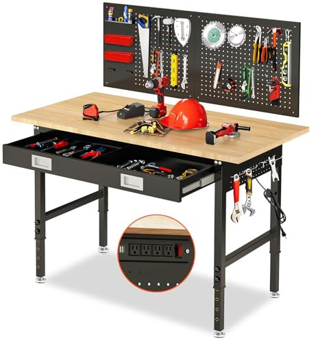 MUWOOD 60 Workbench with Drawers, Adjustable Height Work Table, 2000 LBS Heavy-Duty, Rubber Wood, Black, Steel