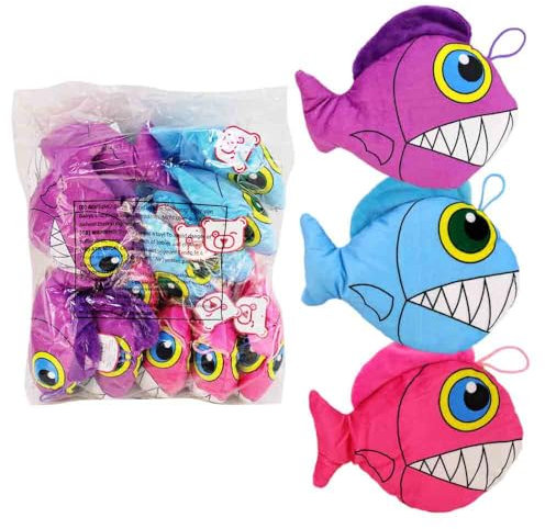 BEMIRO Plüsch Piranha Kissen – 20 cm – 12 Stück im Set – Weich & bunt mit Schlaufe gedruckte Motive