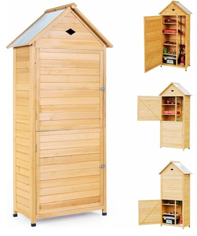 KOMFOTTEU Gartenschrank Holz 80x45x177cm, Outdoor Gerätehaus wetterfest mit 5 Ablagen & Schrank, Geräteschuppen mit Satteldach, Werkzeugschrank Holzschuppen Lagerschrank, Natur