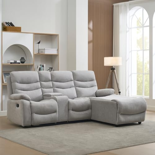 More4Homes Avon Chaise Lounge Manual Recliner Sofa we Drinks Console (Linen Fabric, Grey)