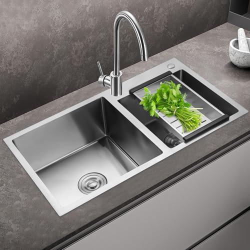 Rectangle Kitchen Sink, Stainless Steel Sink Bowl with Drainage Filters and Drain Basket, Double Bowl Design, Large Capacity, Free Strainer Waste, Silver (78 x 43cm) (Style 1)