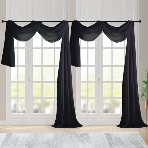 Chyhomenyc Extra Lange Schwarze transparente Vorhänge, 365,8 cm, 2 Stoffbahnen, durchscheinender Hintergrund, Fensterschal, Vorhänge für Baldachin, Bett, Hochzeit, Wohnzimmer, Jahrestag, 365,8 cm, je