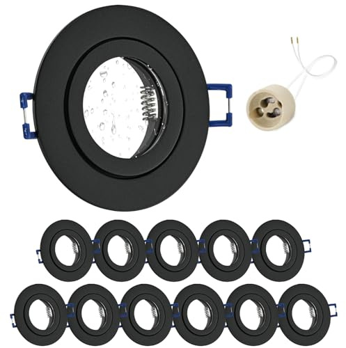 GeyouLux 12x Einbaustrahler GU10 Einbaurahmen IP44 Schwarz Lochmaß 65-75mm | Aluminium, Ø84mm Deckenspots, matt Schwarz, mit 230V GU10 Fassung, bis 50W, für Bad Küche, Rund Flach, ohne Leuchtmittel