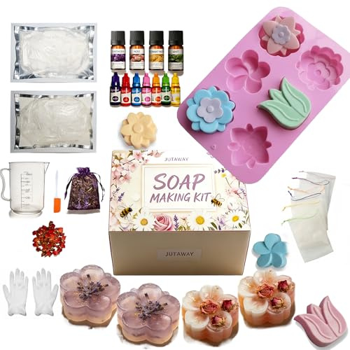 JUTAWAV Jabón para hacer tú mismo, creativo juego de manualidades para adultos, set de fabricación de jabón con forma de jabón, base de jabón y jabón crudo, bombas de baño, set para niños y