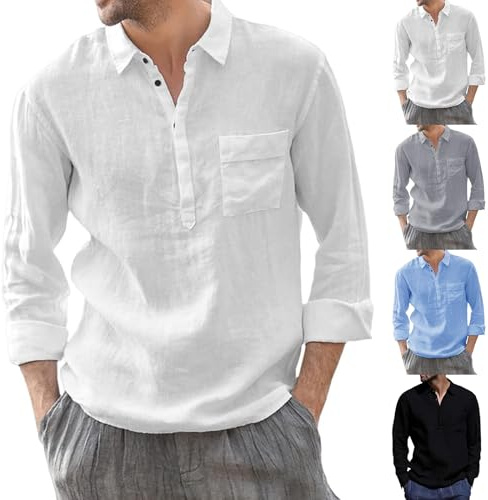 ZTFYKLIN Chemise Homme en Coton et Lin Chemiser Hommes Manches Longues Shirt à Col en V et Boutons avec Poches Tops Été Grande Taille Blouse De Plage Décontractée Classique Haut Leger Respirantes