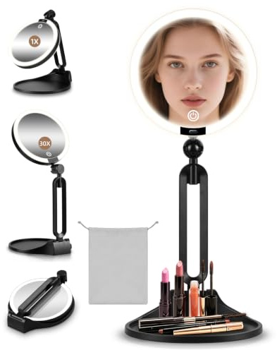 Miroir grossissant lumineux 30X/1X pour le maquillage, miroir grossissant double face 1X/30X avec 3 couleurs d'éclairage, miroir de bureau rechargeable avec grossissement 30X et rotation à 360°