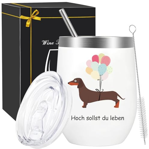 ZJKUBOIS Dackel Geschenke, Dackel Weinbecher Edelstahl mit Hoch sollst du leben, Dachshund Thermobecher mit Deckel, Stroh und Strohhalmpinsel, Geburtstagsgeschenk für Frauen Beste Freundin Schwester