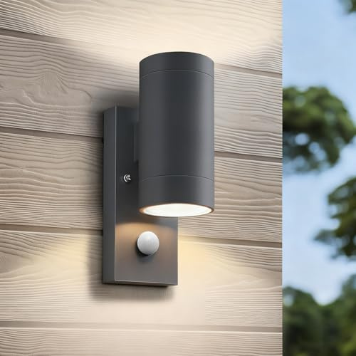 HomeyHoney Aussenlampe mit Bewegungsmelder, Up and Down Außenlampe GU10 | IP65 Wasserdichte Wandleuchte Aussen, Aluminium Wandlampe Aussen für Haustür, Eingang, Terrasse, 1 Stück, Anthrazit