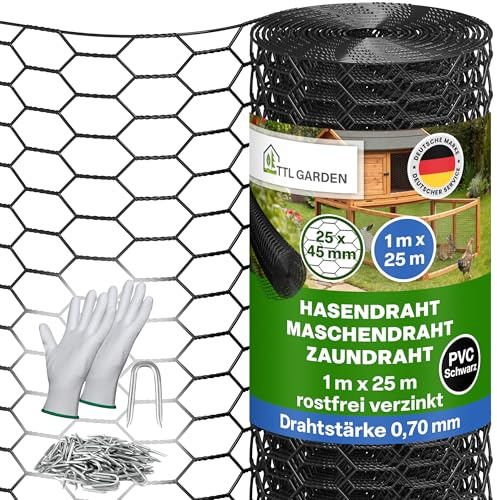 TTL GARDEN GUARD-LINE Hasendraht 1m x 25m schwarz - 25x45mm Maschen 0,7mm | - PVC beschichtet schwarz Rolle feinmaschig rostfrei verzinkt 0,70mm Draht Drahtgitter Kaninchendraht Maschendrahtzaun 25mx1m
