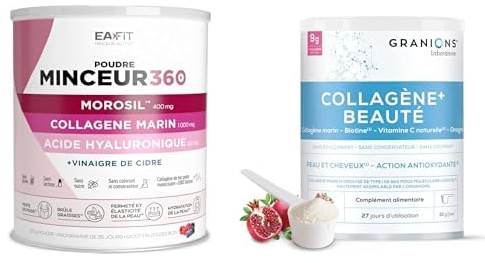 Duo Minceur & Collagène EAFIT & GRANIONS - MINCEUR 360 POUDRE & COLLAGENE +BEAUTE POUDRE Saveur - Fermeté et Beauté de la Peau - Collagène, Acide Hyaluronique & Morosil | Fermeté, Hydratation & Éclat