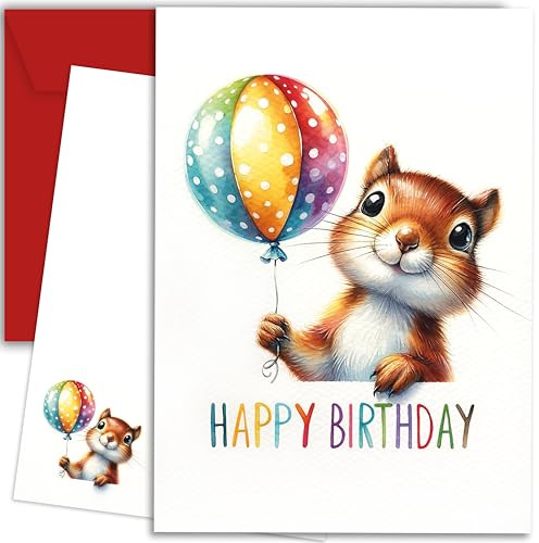 E&G Klasse Tier Aqaurell Geburtstagskarte Glückwunschkarte Postkarte mit rotem Umschlag Süßen Tieren mit Happy Birthday bedruckt (Eichhörnchen 1)
