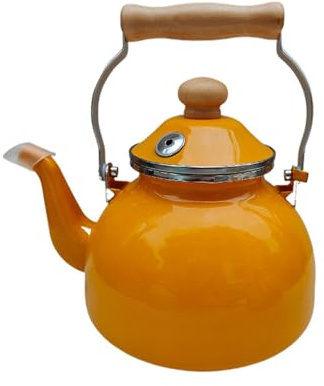 Vintage Enamel Tea Kettle with Wooden Handle, Whistling Enameled Teapot | For Stove Top Use,Multifunctional Hot Water Kettle,Portable Coffee Pot for Tea Coffee Milk Heating(Orange)