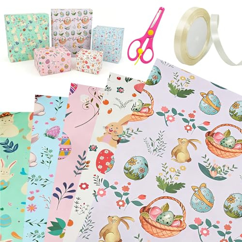 Geschenkpapier Ostern, 10 Blätter Ostergeschenkpapier, 70 X 50 cm Oster Geschenkpapier, Geschenkpapier Ostern Rolle mit Ostereier Osterhase Osterküken für Ostergeschenke, Geburtstage, Partys, Frühling