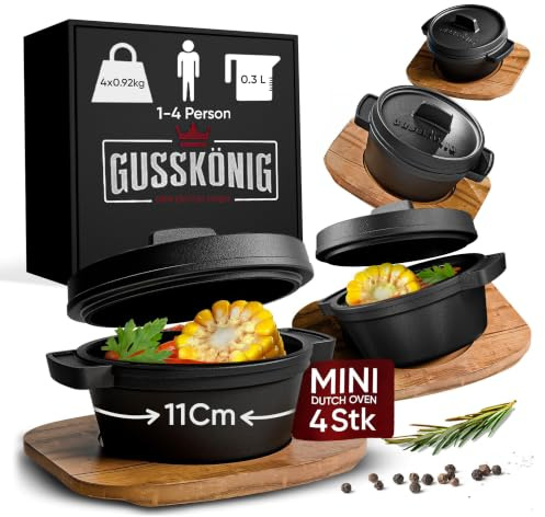GUSSKÖNIG Dutch Oven Set Mini mit Holz-Untersetzer – 4x 300 ml Gusseisen Mini Topf mit Deckel–eingebrannter Mini Dutch Oven–Mini Cocotte Gusseisen Servierpfännchen–30 Jahre Garantie