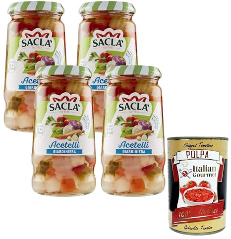 Italian Gourmet Acetelli Giardiniera Gemüse-Mix in Essig Glas 4 x 290g | Bunte eingelegte verdure, croccanti und würzig, perfekt als antipasto, Gesamtnettogewicht 1,16 kg + Kostenlos Polpa 400g