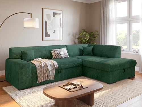 BROMARKT Ecksofa mit Bettkasten Schlaffunktion L 260cm Rechts Dunkelgrün | Wohnlandschaft mit Schlaffunktion und Bettkasten L-Form Schlafcouch Eckcouch Bettsofa 3 sitzer Cordstoff Sofa für Wohnzimmer