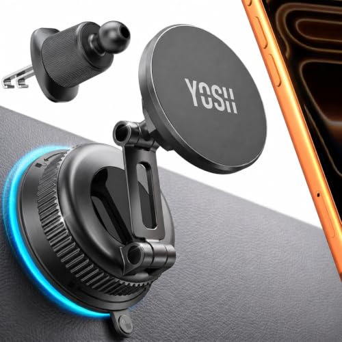 YOSH für MagSafe Autohalterung, 3-in-1 Vakuum Magnet Halterung mit 300N Saugkraft & Doppelhaken, für Lüftung, Armaturenbrett & Windschutzscheibe, 22×N56 Magnete, kompatibel mit iPhone, Samsung, Pixel