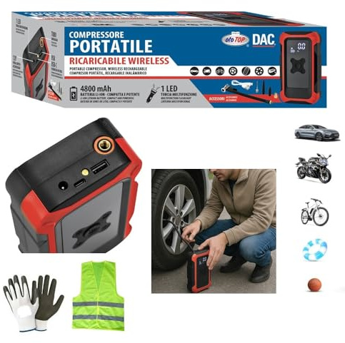 Compressore ad aria 4800mAh portatile per pneumatici gomme auto moto bici palla COMPATIBILE CON BELLIERRicaricabile Wireless 4 IN 1: GONFIA-SGONFIA-TORCIA-POWER BANK