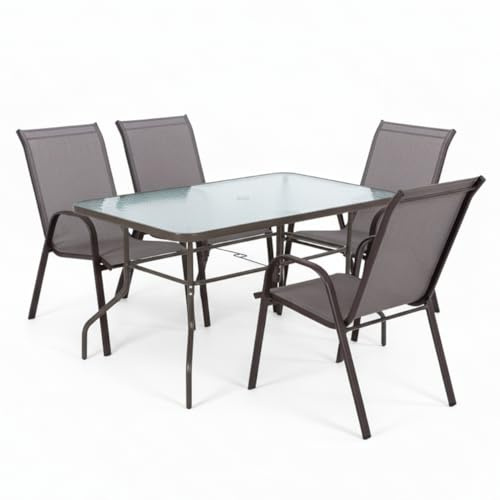 LOLAhome Conjunto Exterior | Mesa 140 cm de Acero y Cristal Templado + 4 Sillas de Textileno Antracita | Resistente: Pintura anticorrosión, Tela Doble | Transpirables, Apliables | Classic