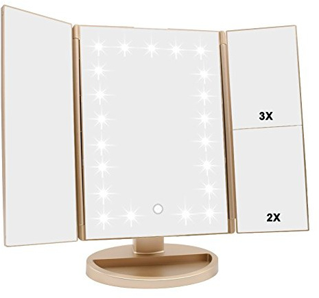 Flymiro Tri-fold Lighted Vanity Makeup Mirror with 3x/2x/1x Magnification, 21Leds Light and Touch Screen,180 Degree Free Rotation Countertop Cosmetic Mirror,Travel Makeup Mirror (Gold)