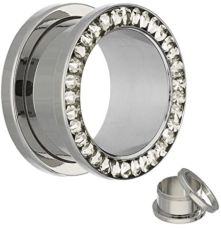 Treuheld® | 12mm Titan Kristall Ohr Flesh Tunnel | Silber mit klaren Glitzer - Zirkonia - Steinen | reines Titanium | Gewinde Schraubverschluss