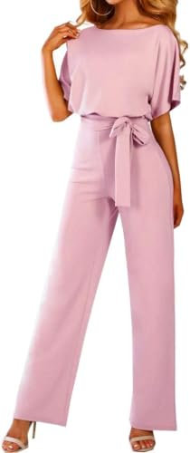 Walant Femmes Combinaison Manches Courtes Col Rond Couleur Unie Barboteuse Jumpsuit D'été Chic Élégant Slim Pantalon Loose Casual Combishort avec Ceinture, 1 Rose, XL