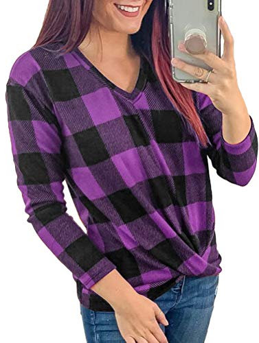 ORANDESIGNE Camicia Donna Elegante Camicetta Donna Manica Lunga Bluse Camicie a Quadri Blusa Scollo V Casuale Viola 40