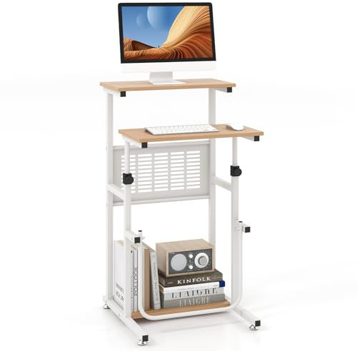 Tangkula Small Standing Desk, Height Adjustable Teacher Podium Stand, Compact Standing Table Lectern Podium, Laptop Desk with Footrest, Suitable for Sitting or Standing