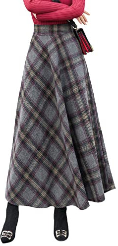Damen Lange Rock Elegant Wollrock Winterrock Warm Plaid Casual Party Maxirock Hohe Taille A-Linie röcke Retro Elastische Taille Faltenrock Grey182-M