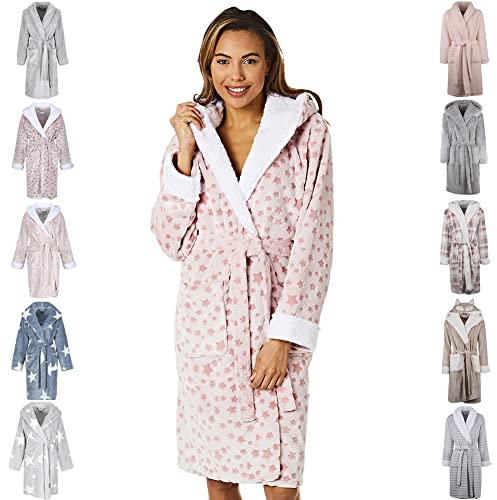 Light & Shade Ladies Supersoft Fleece Dressing Gown Robe, Star - Pink, L/XL