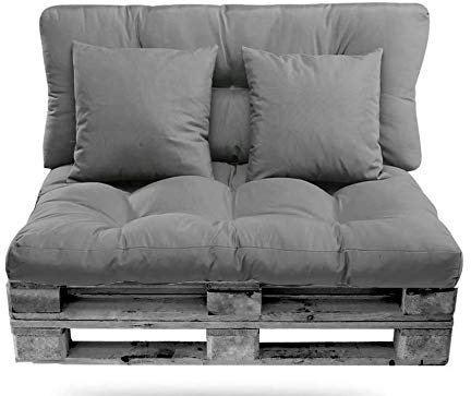 Conjunto de Cojines (Asiento + Respaldo + 2 Cojines Decorativos) para palets. Cojín de Palets y de sillones de 2 plazas. Ideal para Interior y Exterior (Gris)