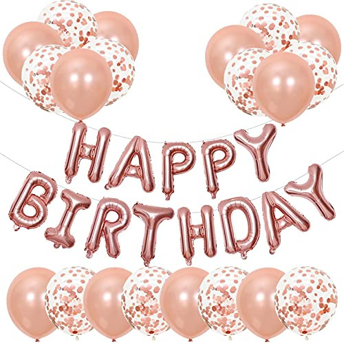 Rose Gold Birthday Banner - 20 Pack Balloons: Rose Gold Latex x10, Confetti x10, 'Happy Birthday' Foil x2, for Boys & Girls Parties