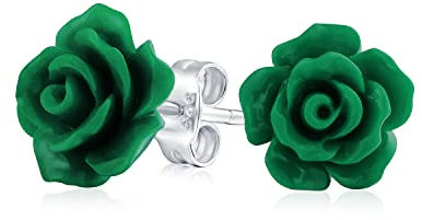 Orecchini A Perno In Argento Placcato Di Rosa Scolpita 3D Delicati E Romantici Con Fiore Verde Scuro Per Donne Adolescenti E Madri
