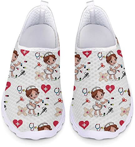 Jndtueit Damen Sportlich Leichte Casual Mesh Schuhe Cartoon Krankenschwester Print Bequeme Walking Running Sneakers,Sommer