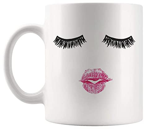 Fonhark - Lashes and Lippenstift Kaffeetasse, Wimpernbecher, Mädchenbecher, 325 ml Kaffeetasse, Weiß